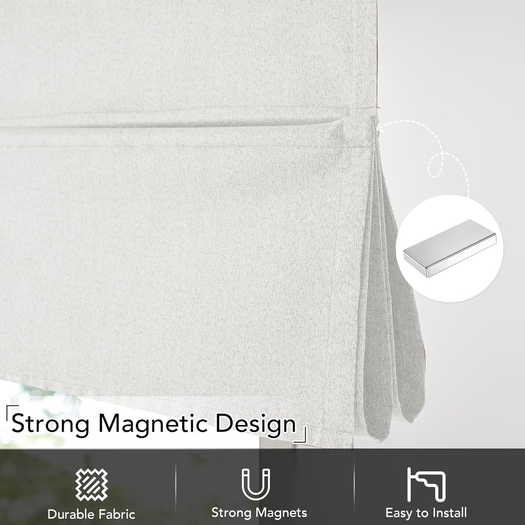 Linen 100% Blackout Roman Shade for Doors, No Drill Cordless Thermal Insulated French Door Curtain, Adhesive Top &