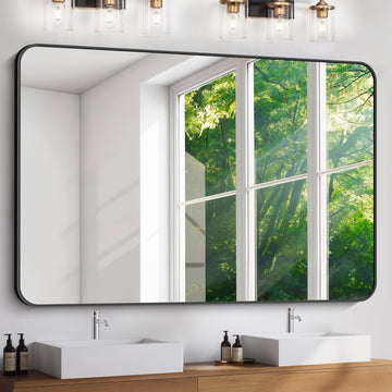 Large Bathroom Mirror 60" x 40", Black Rectangle Metal Framed Rounded Corner Wide Wall Mounted Mirror Bedroom