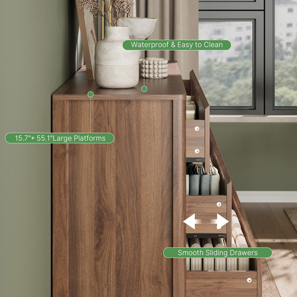 Walnut 6 Drawer Dresser, 55"Wide Modern Wood Dresser
