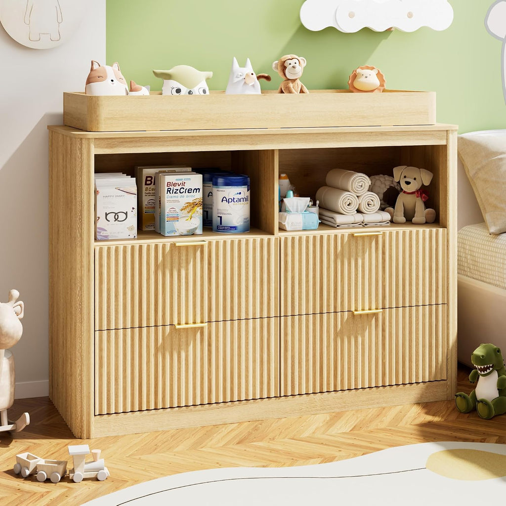 Changing Table Dresser, 4 Large Drawers Wood Baby Nursery Dresser with Raised and Detachable Changing Table Top