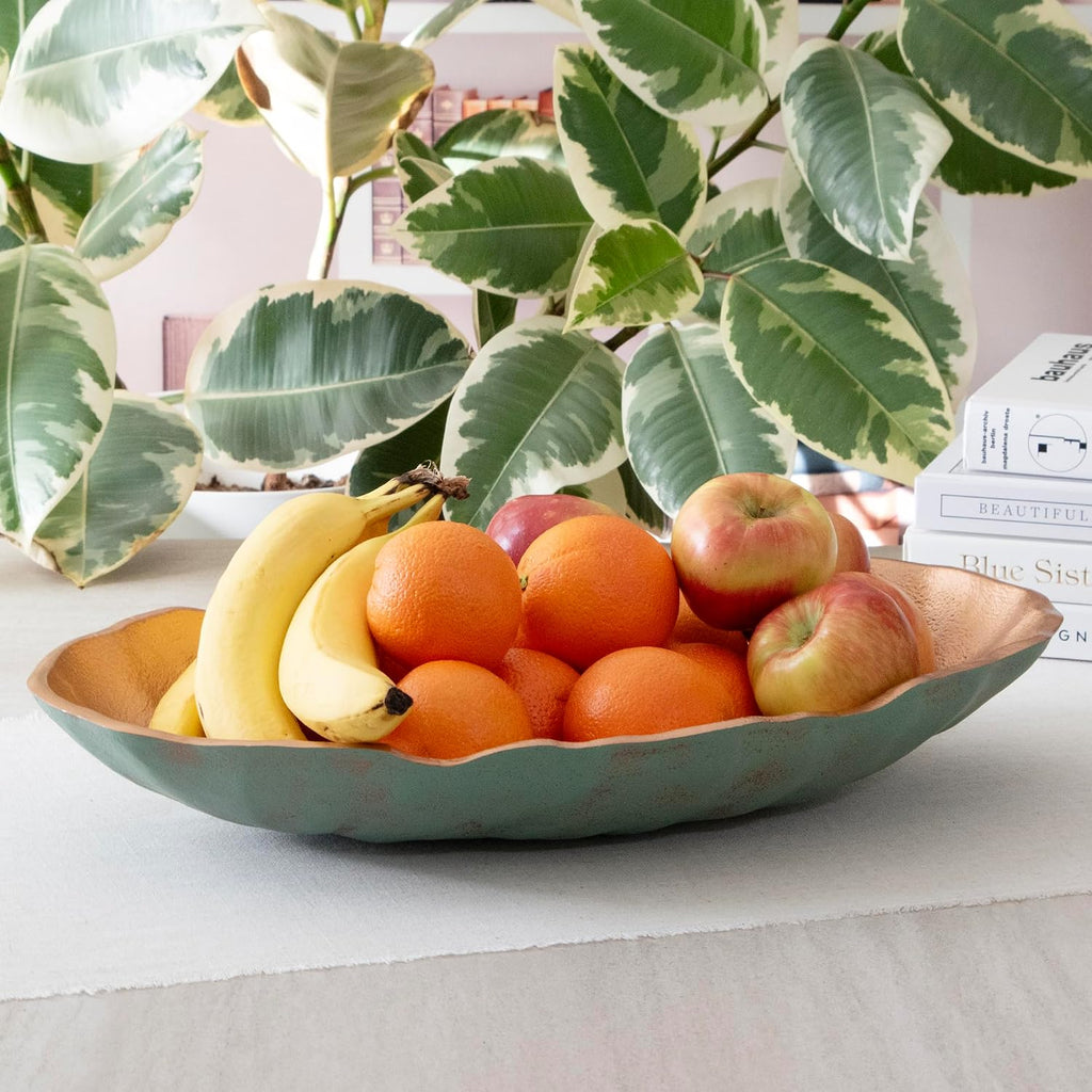 Turquoise Copper Finish Metal Decorative Oval Bowls for Potpourri, Table Decor - Set of 2