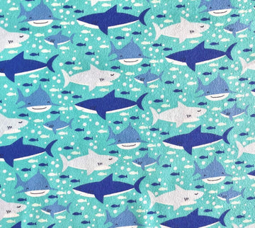 Blue Swimming Sharks on Turquoise Comfy Cotton Flannel Fabric by the Yard