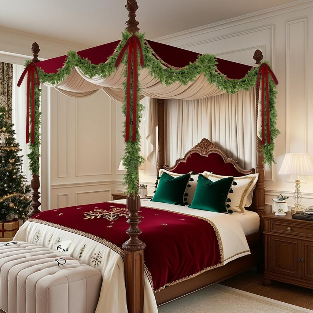 15ft Christmas Garland for Stair with 4 Velvet Bows, Cedar Pine