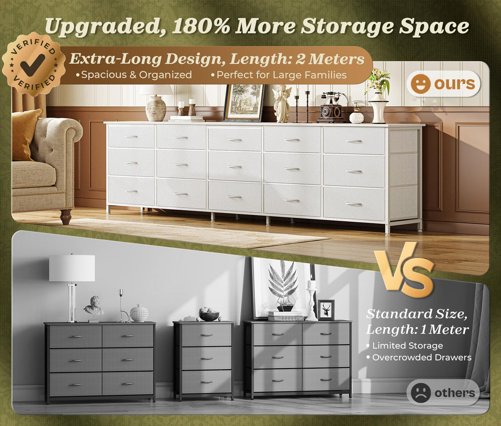78.7 inch Long Dresser, 15 Drawer Fabric Dresser for Closet, Large TV Stand for 65, 75, 85 inch TV, Wide Chest of