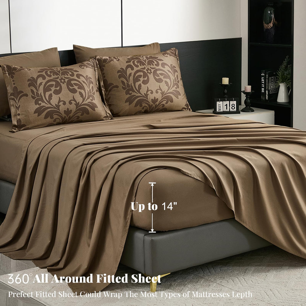 Queen Luxury Comforter Set Dark Brown 7 Piece Boho Damask Bedding