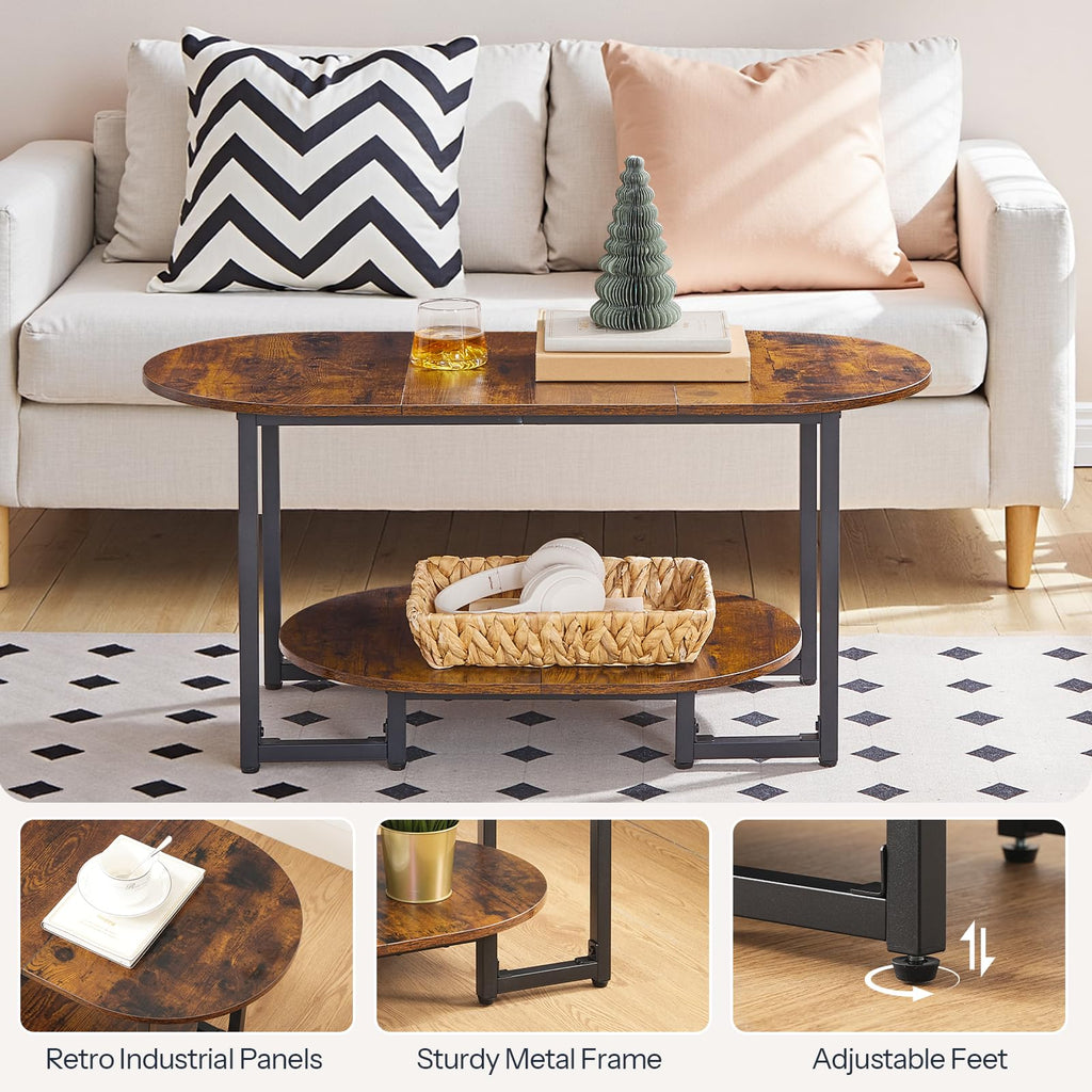 Coffee Table, Oval Small Coffee Table with 2-Tier Open Storage Shelf, Industrial Cocktail Tea Table, Wooden Desktop