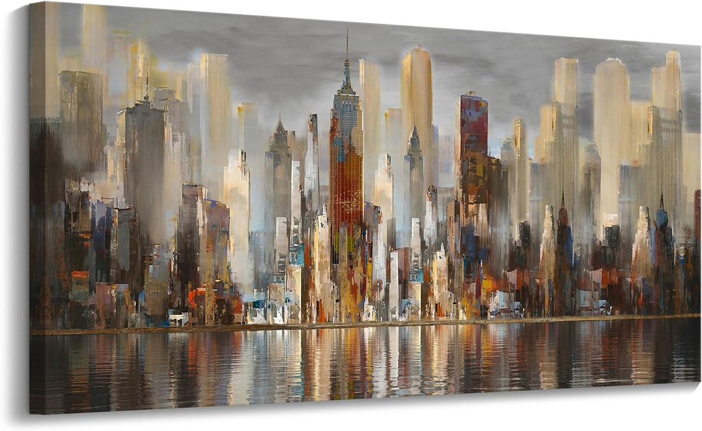 Framed Wall Art Large Cityscape New York Wall Decor Canvas Prints Abstract Brown City Theme Paintings Modern Canvas