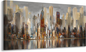 Framed Wall Art Large Cityscape New York Wall Decor Canvas Prints Abstract Brown City Theme Paintings Modern Canvas