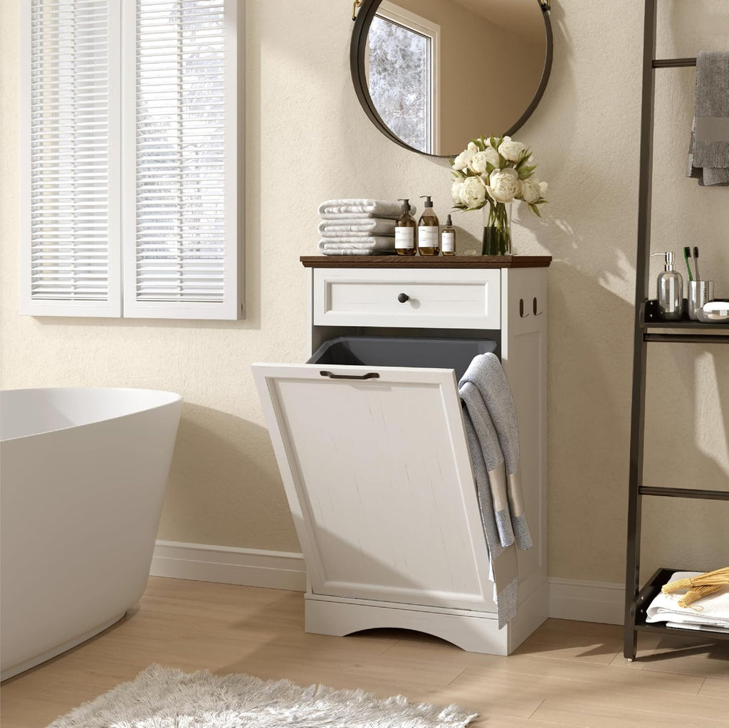 Tilt Out Trash Can Cabinet 13 Gallon Hidden Trash Garbage Can Cabinet with Drawer, Waterproof Cutting Board, Pet Proof