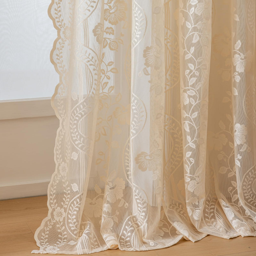Beige Lace Curtains 84 Inches Long 2 Panels Vintage Floral Pattern