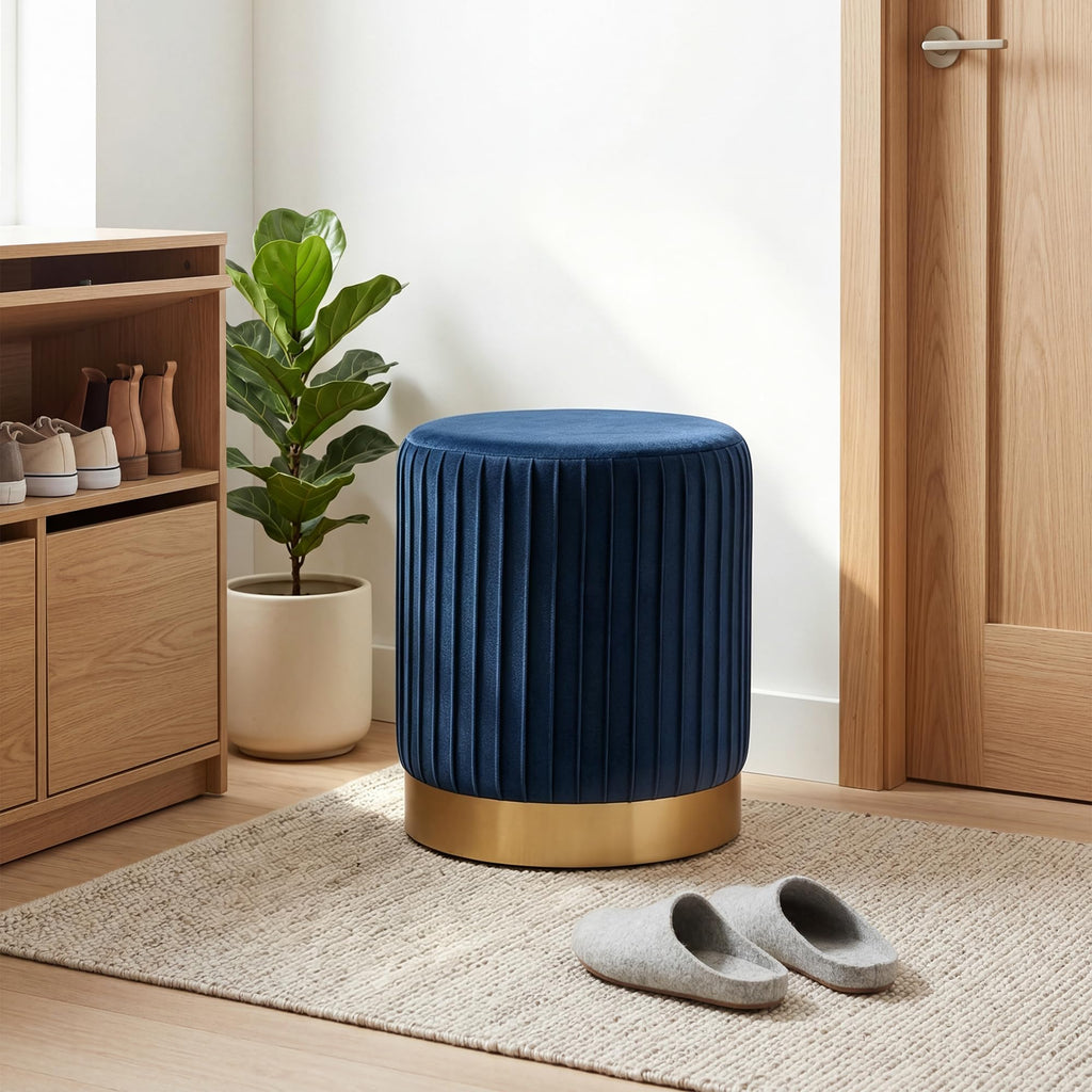 Round Velvet Ottoman, 16.5" H Footrest Stool with Gold Metal Base(Navy)