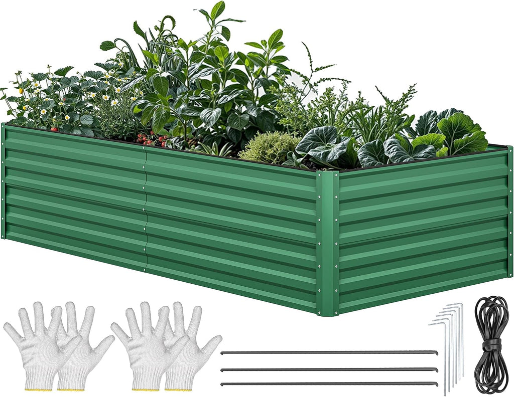 96x48x24 in Galvanized Raised Garden Bed Kit, Large Metal Planter Box with Gloves, Safety Rubber & Support Rod