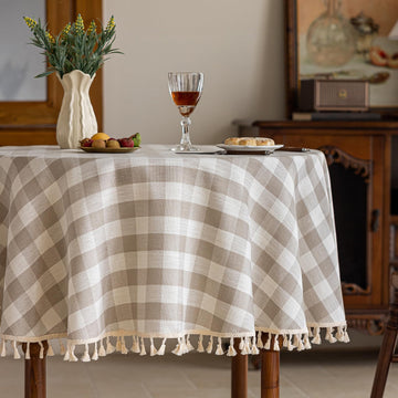 Thanksgiving Gingham Tablecloth Round 60 inch, Outdoor Washable Checkered Plaid Table Cloth Cotton Linen Fabric