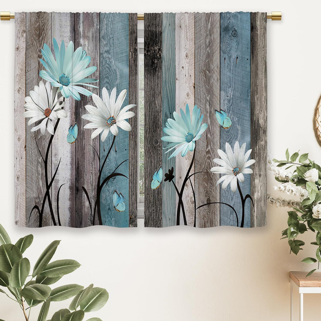 Teal Farmhouse Daisy Kitchen Curtains Wooden Flower Small Short Cafe Window Curtains Rustic Floral Butterfly Country