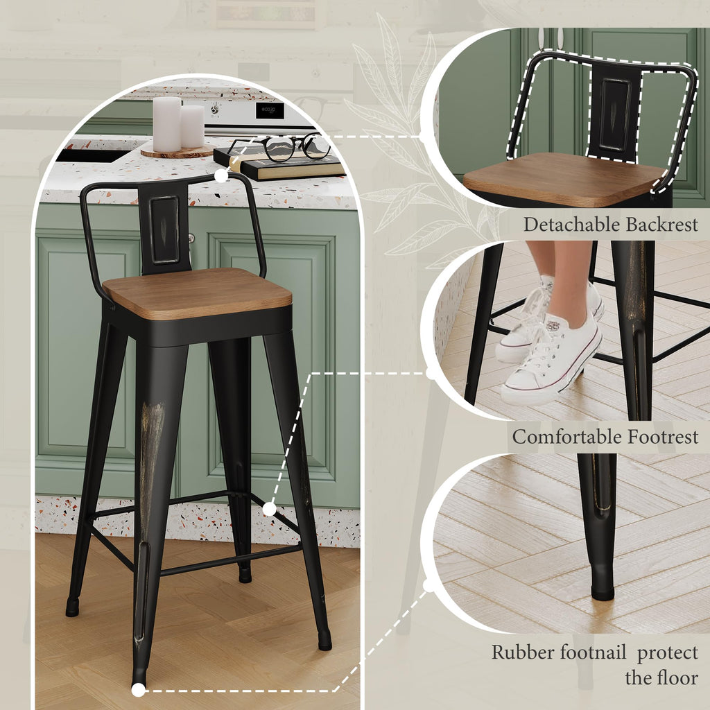 Bar Stools Set of 4, 26" Distressed Barstools, Gold Black