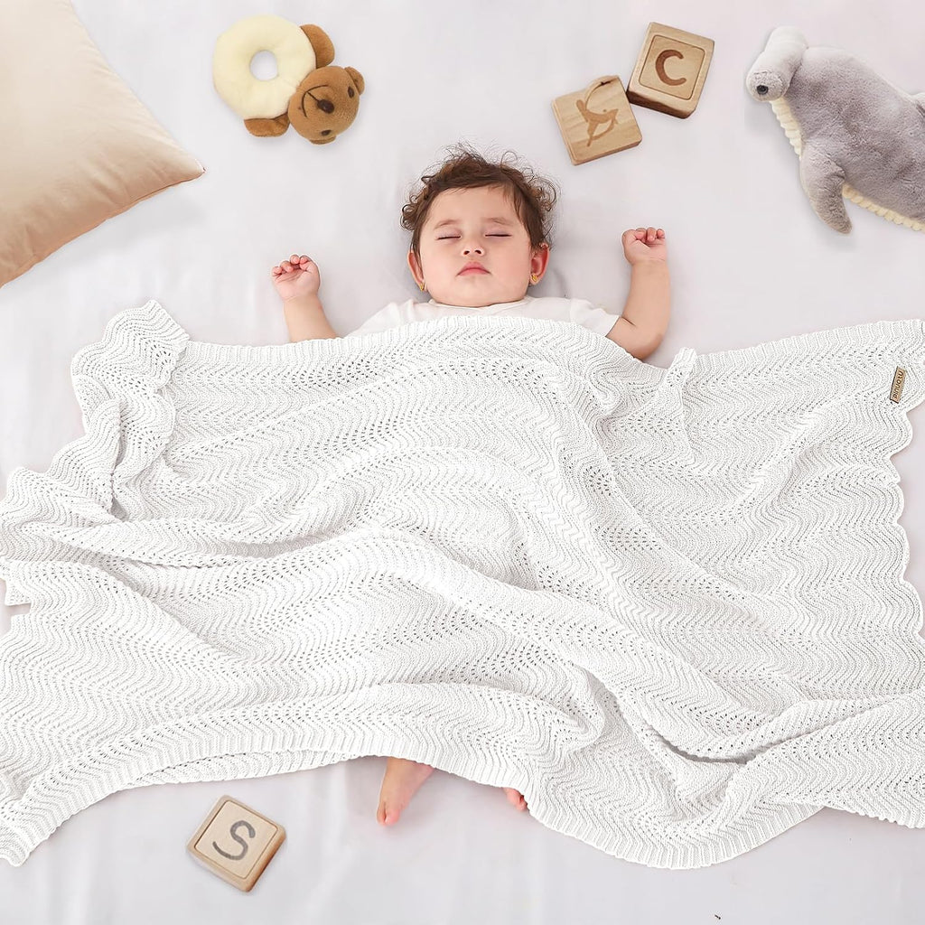 Soft Cotton Knitted Neutral Baby Blanket, 31"x40" White