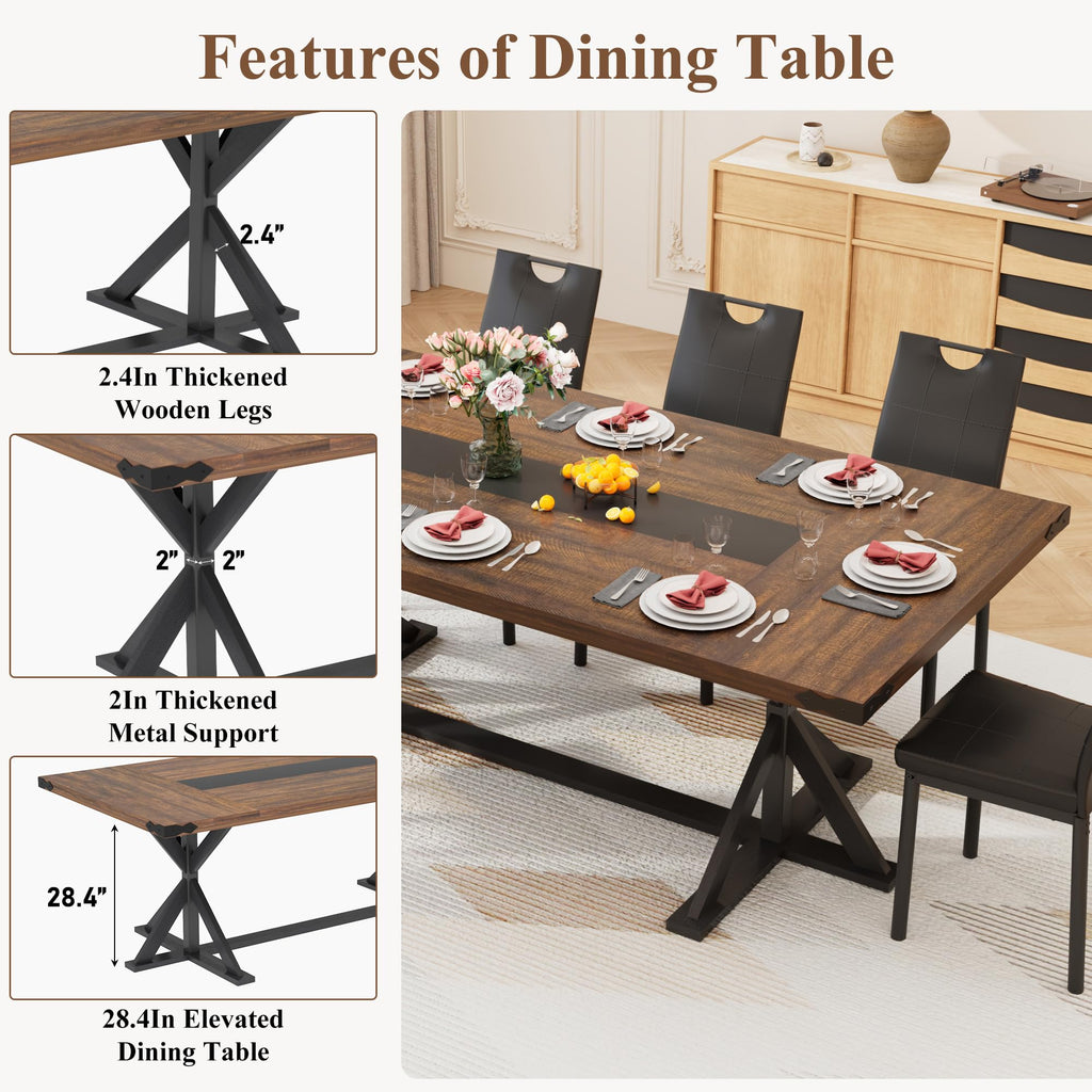 78" Farmhouse Dining Table for 6 8 People, Rectangular Wood Kitchen Dinner Table with Thick Waterproof Tabletop &