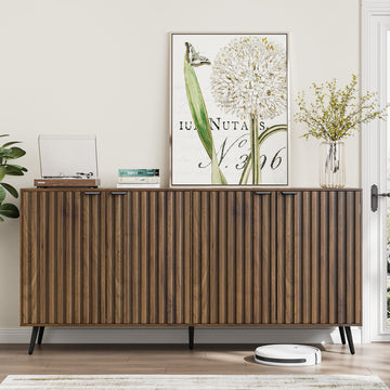 63" Fluted Sideboard Cabinet, Freestanding Walnut Buffet Cabinet with Adjustable Shelf, Wood Storage Cabinet