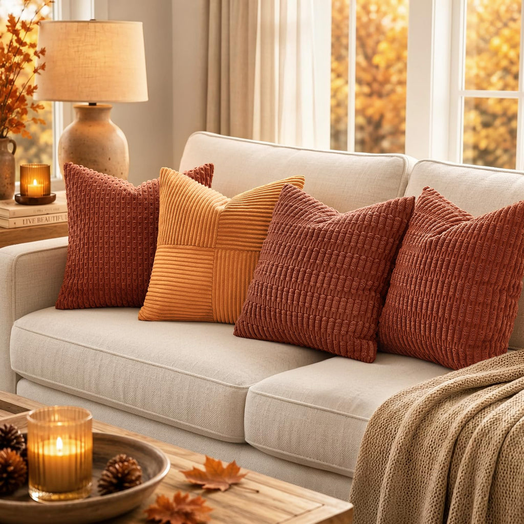 Fall Corduroy Decorative Throw Pillow Covers 18x18 Rust Pack of 2