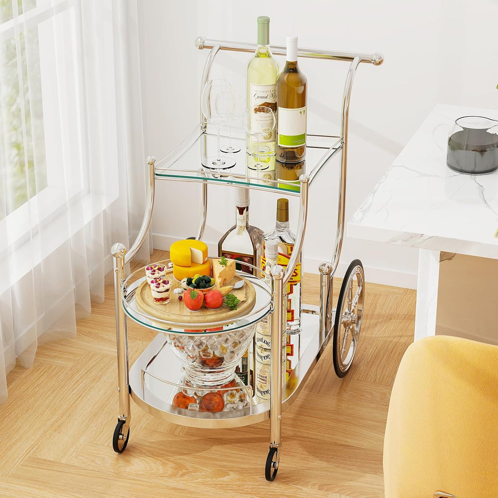 Bar Cart, 3-Tier Rolling Home Bar Serving Cart with Mirrored Shelves & 4 Wheels, Mobile Beverage & Wine Cart (Silver)