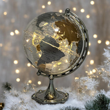 Silver Earth Globe, Diam. 20 cm/7.9 inches, World Map, 3 meter String Lights, Warm White Light