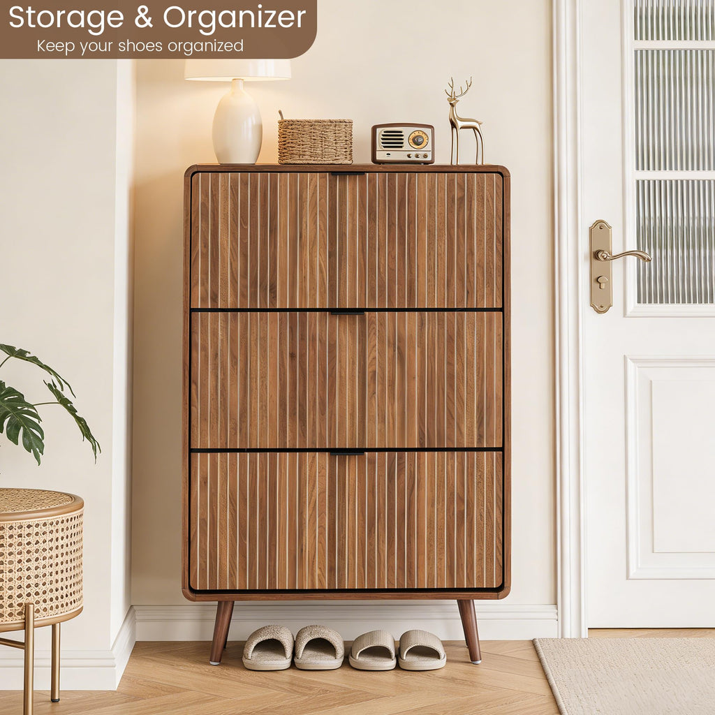 Fluted Shoe Storage Cabinet with 3 Flip Drawers (All Walnut, 3 Drawers)
