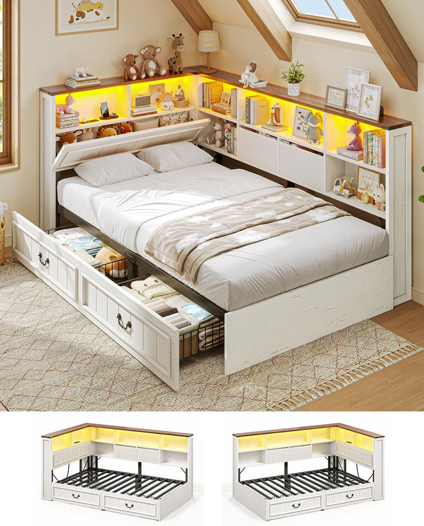 Twin Corner Bed Frame with Storage Drawers and Bookcase Hidden Headboard, Charging Station and Led Lights, Farmhouse