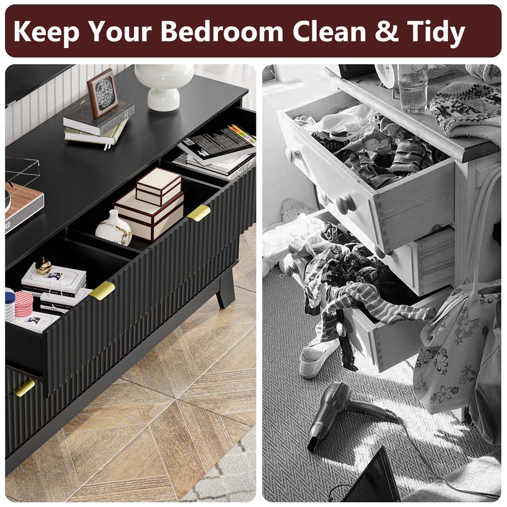 Black Dresser 9 Drawer Dresser, 57''Wide Fluted Wooden Dresser Storage Cabinet and Chest of Drawers with Metal