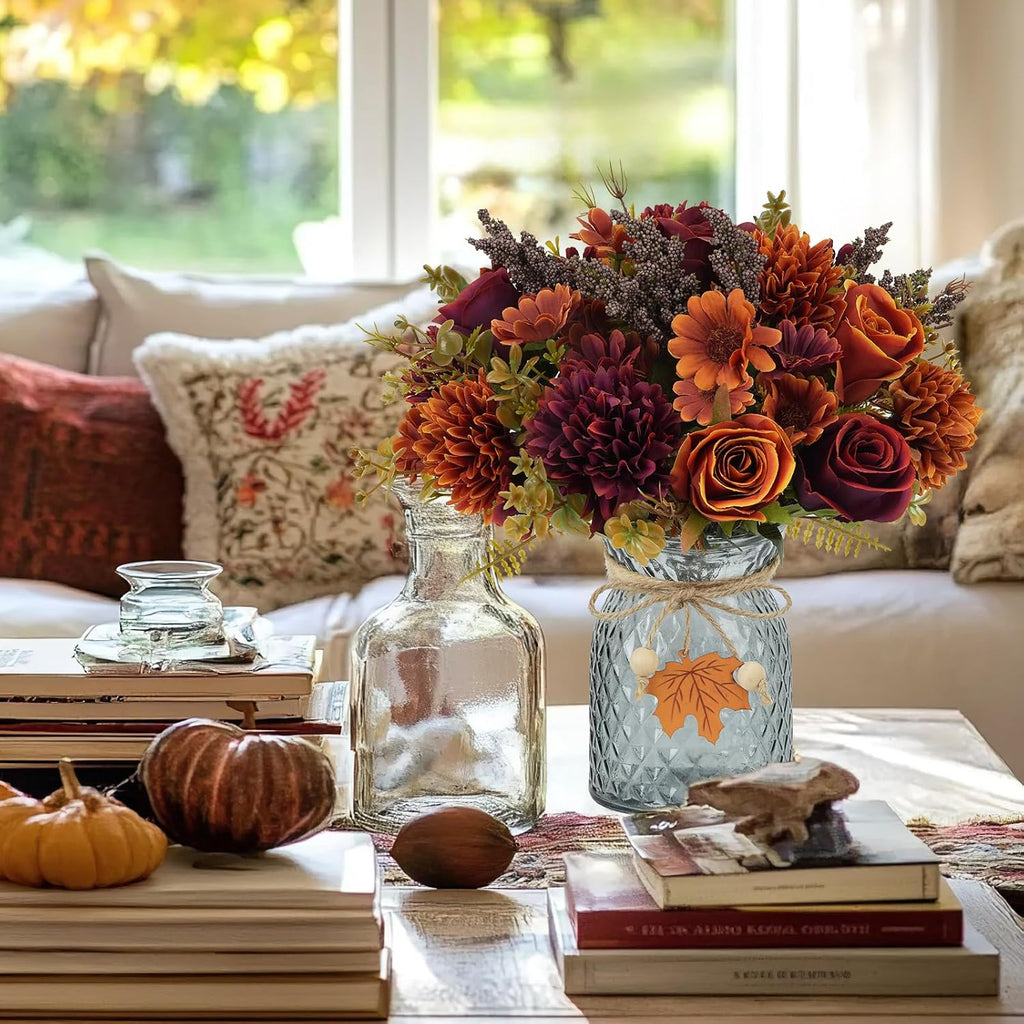 Bundles Fall Artificial Flower Arrangements with Vase, Burnt Orange Roses - Set of 3