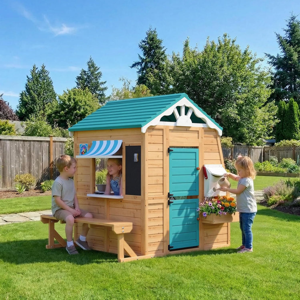 Wooden Kids Playhouse Cottage with Bench, Split Door, Mailbox, Blackboard, Toy Sink & Kitchen Playset, 70.9" x 50.4"