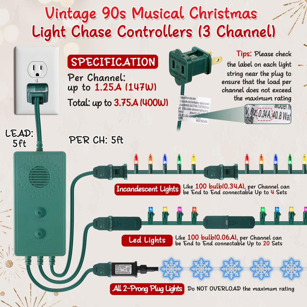 Vintage 90s Musical Christmas Lights Controller, Singing Christmas Tree Lights Controller with 25 Holiday Songs, 7