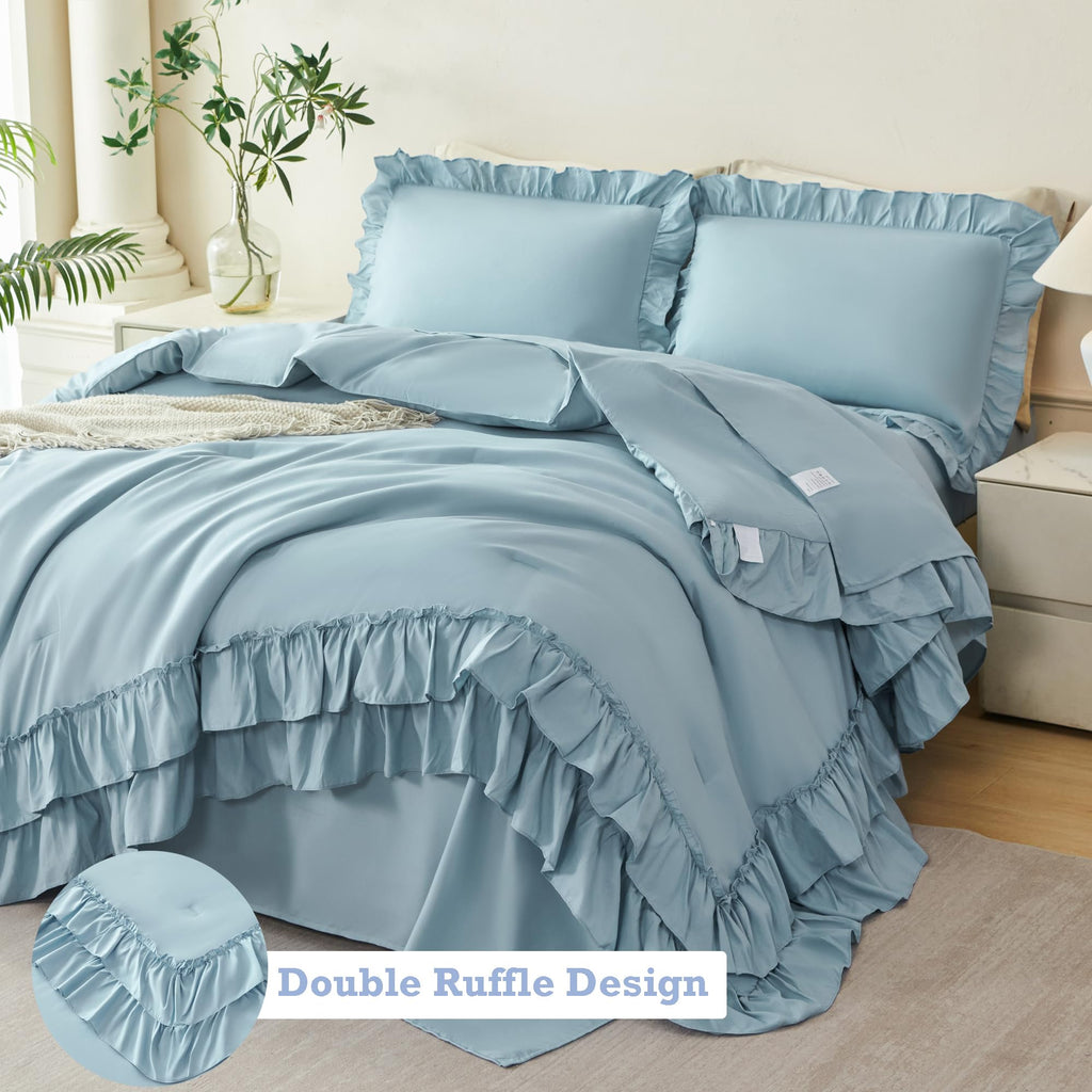 Comforter Set - 5 Pieces Ruffle Dusty Blue Bedding Sets