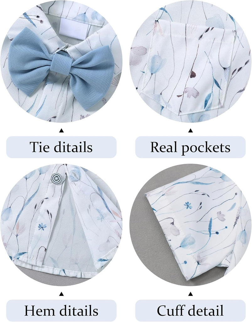 Boys Clothes Formal Suit Gentleman Wedding Outfit Short Sleeve Shirt with Bow Tie and Suspender Pants