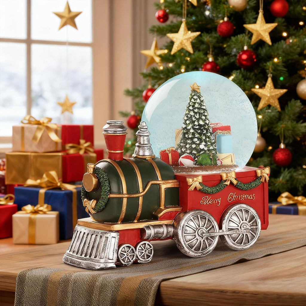 Lighted Musical Christmas Train Snow Globe Lantern with Christmas Trees, Battery Operated Water Glittering Lantern