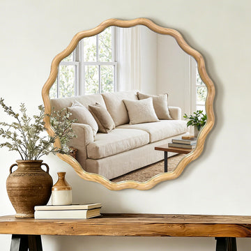 Round Wavy Wall Mirror, 28" Circle Boho Scalloped Mirror