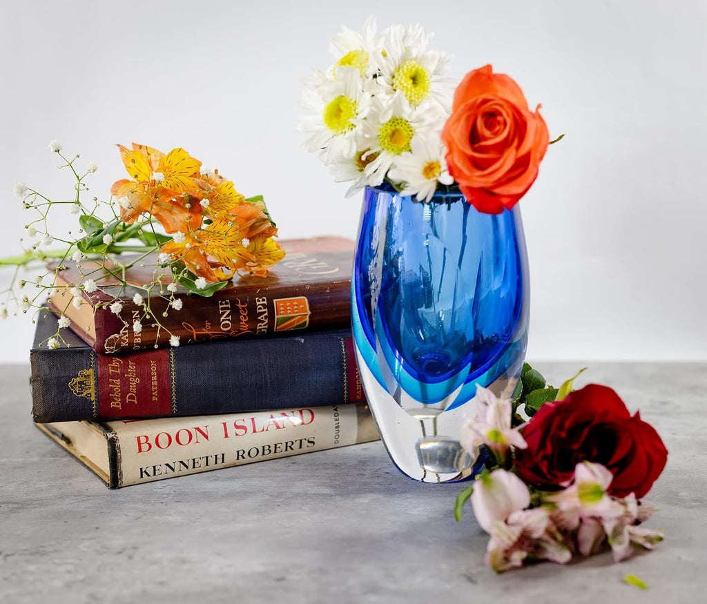 Azure Murano-Style Art Glass Flower Vase Centerpiece, 6 Inch