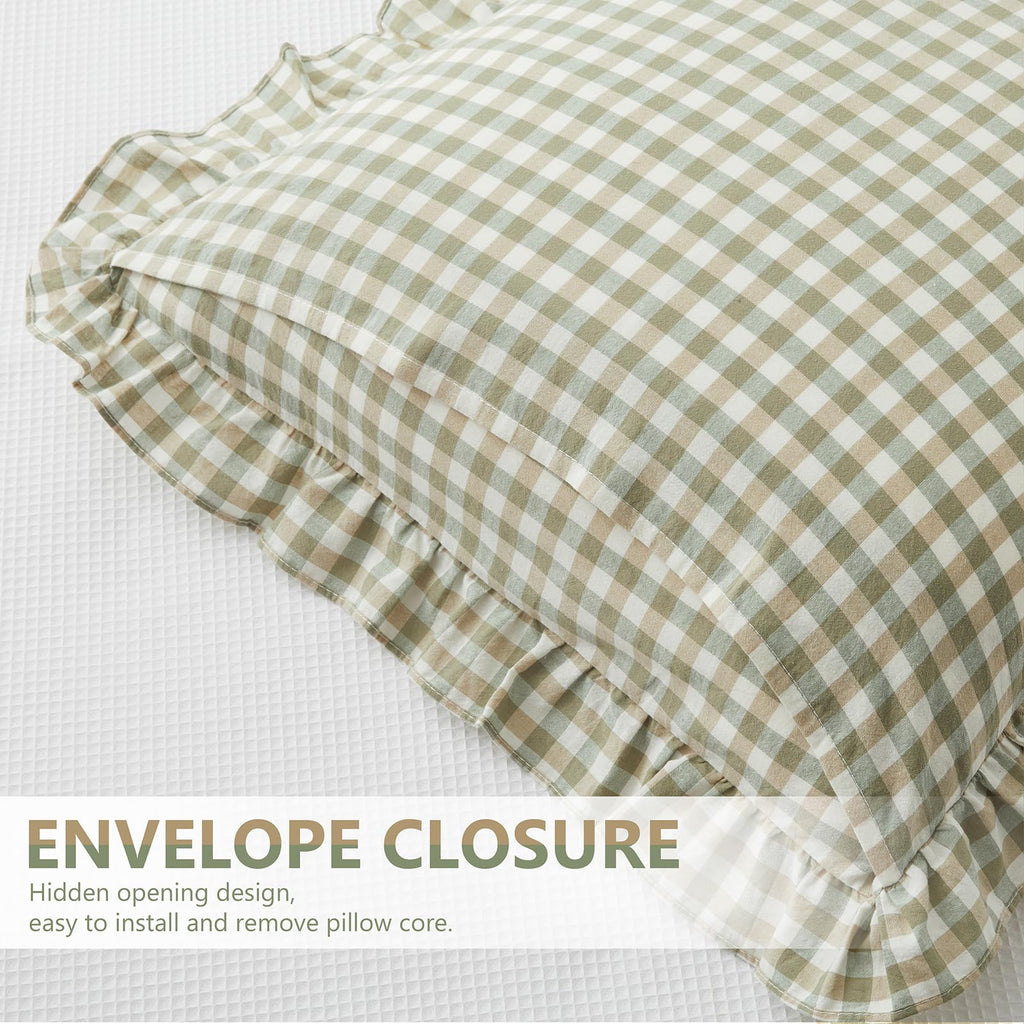 2 Pcs Ruffle Gingham Pillow Covers 20" x 20", Sage Green Plaid