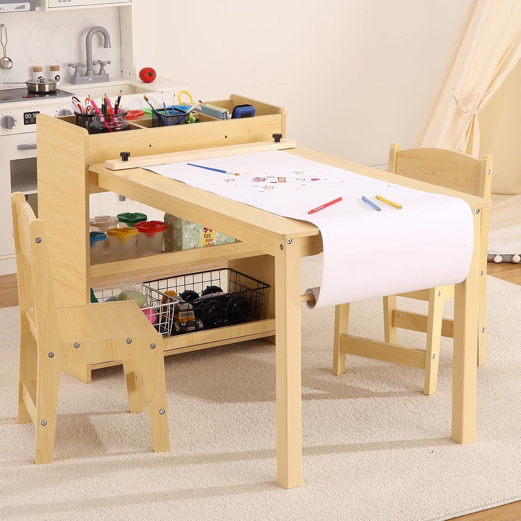 Versatile Kids Art Table with 2 Chairs, MDF Craft Play Desk with Large Storage & Paper Roller, Adjustable Activity