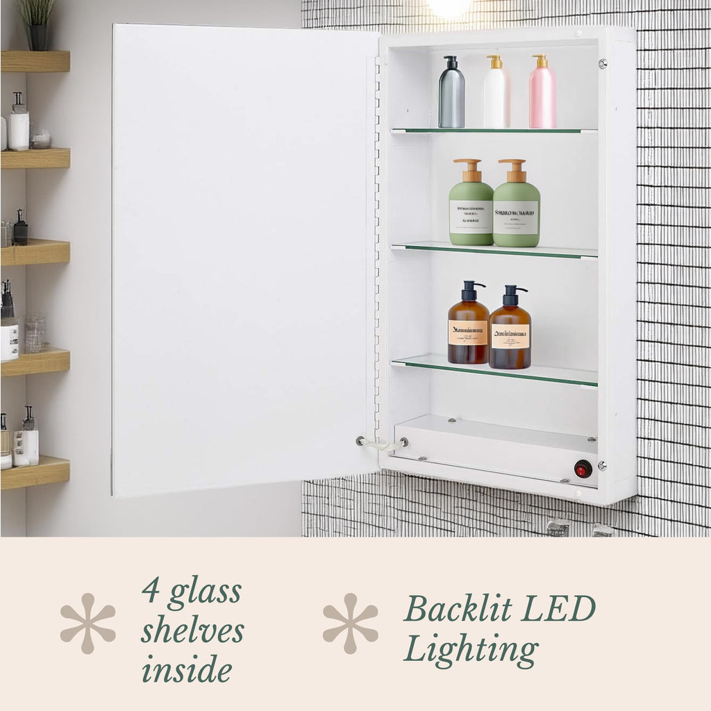 Bathroom Mirror with Storage - Wall Mounted Medicine Cabinet with 4 Glass Shelves and LED Backlighting - Modern