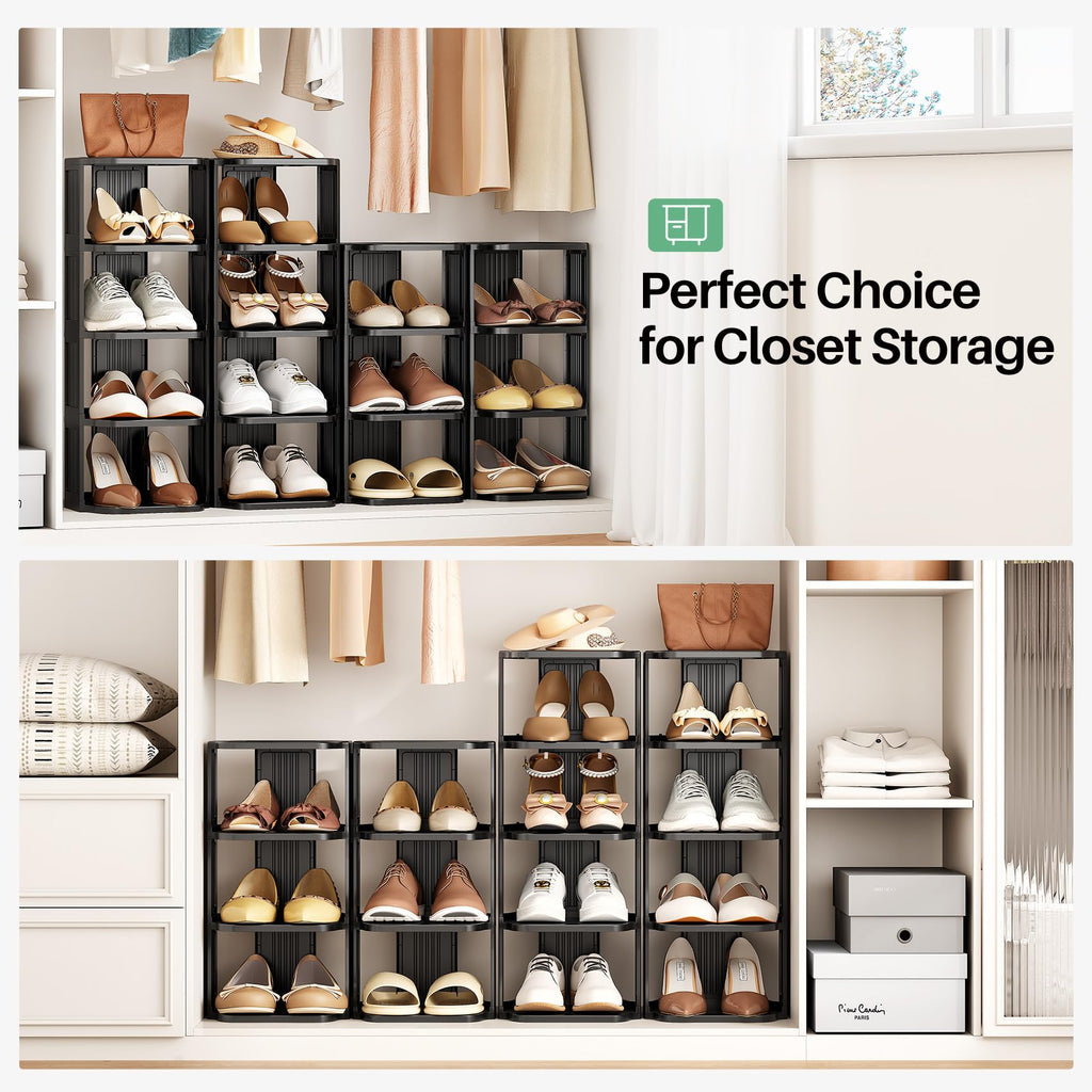Stackable 16-Tier Shoe Rack for Closet & Entrance - Tall, Narrow, Vertical Shoe Stand - Plastic, Free Standing