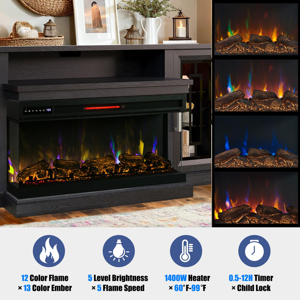 75 Inch Electric Fireplace TV Stand, 3- Side Glass LED Modern Media Entertainment Center Console Table for TVs up to