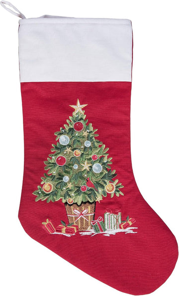 Tree & Presents Embroidered 100% Cotton Hanging Christmas Stocking 20"