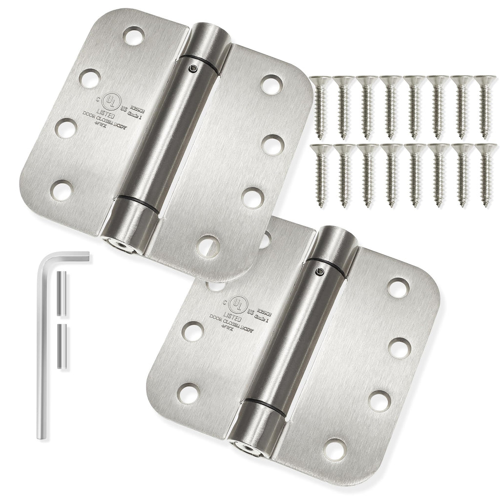 2 Pack) Heavy-Duty 4" Self-Closing Spring Door Hinge with 5/8" Radius Corners, UL Listed - Satin Nickel