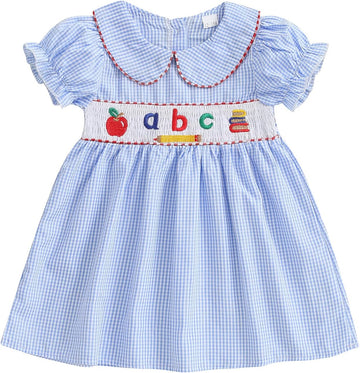 Toddler Baby Girl Back to School Outfit First Day of School ABC Short Sleeve Dress Plaid Collared Princess Dresses