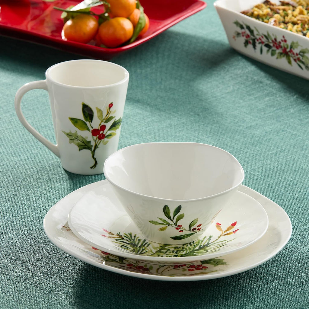 Holly and Vines Christmas Dinnerware Set - Piece Stoneware Service for 4 with Artist-Designed Holiday Plates, Mugs