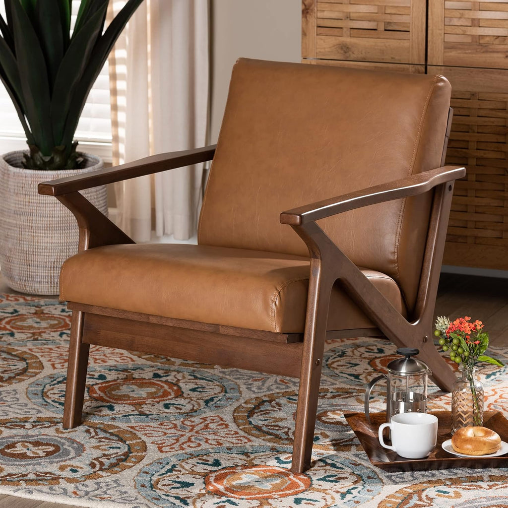 Bianca Mid-Century Modern Walnut Brown Finished Wood and Tan Faux Leather Effect Lounge Chair