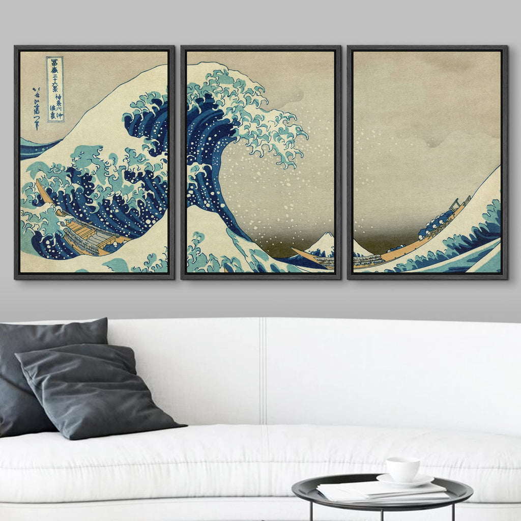 Framed Canvas Print Wall Art Set The Great Wave Off Kanagawa by Hokusai Cultural Historic Oil Painting Fine Art