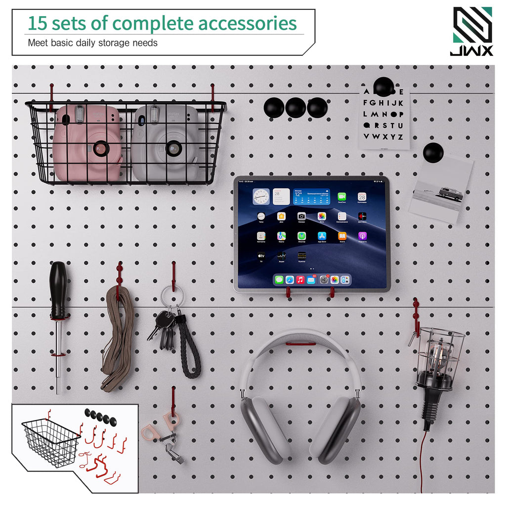 DDB Standing Pegboard Shelf Unit, 30'' White Home Office shlef cabinets with Metal Pegboard and 15 Pieces Organizer