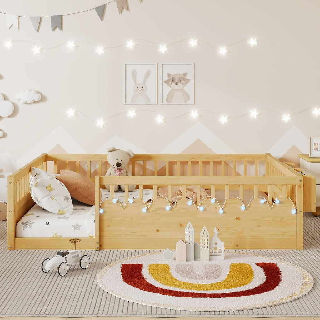 Floor Bed w/Light & Storage, Wood Montessori Platform Bed Frame w/Safety Rails, Space Saving Kids Beds for