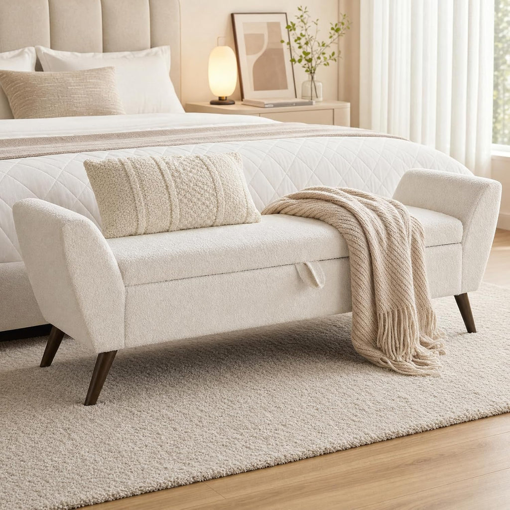 60" Storage Ottoman Bench, Teddy Fabric End of Bed Bench King Size with Solid Wood Legs, Large Hidden Storage (Beige)
